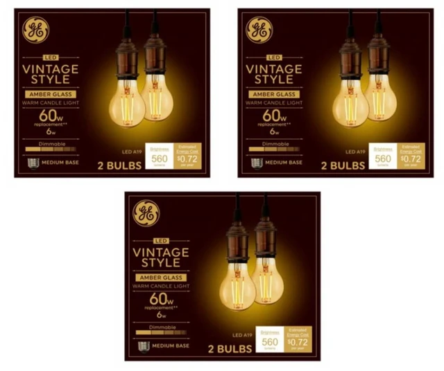 Main image of (6 bulbs) GE 48556 Vintage Style, Amber Glass A19 LED Light Bulb, 60 watt equivalent, 560 lumens, medium base, Dimmable