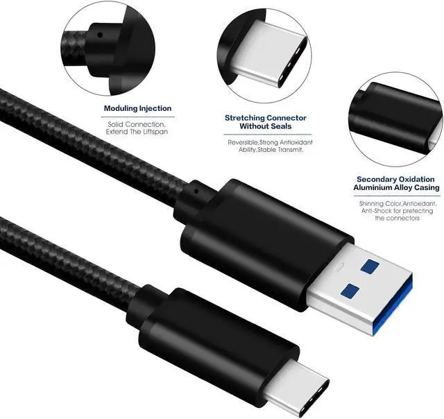 Alt view image 4 of 7 - eCables USB-C to USB-A 3.0, Premium Fast Charging Braided, Black 3 ft.