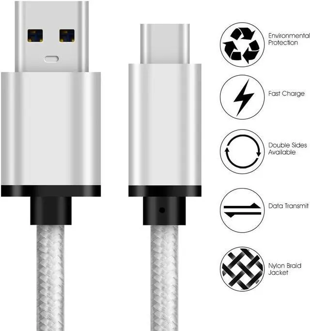 Main image of eCables USB-C to USB-A 3.0, Premium Fast Charging Cable Braided, Silver 6 ft.