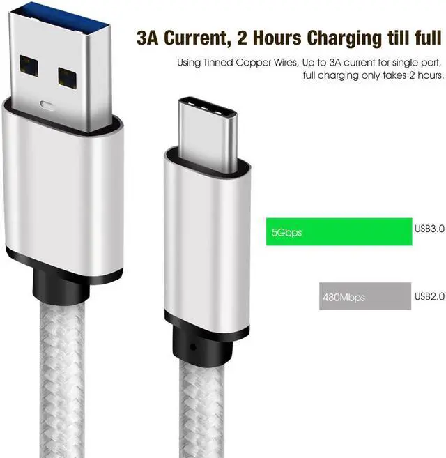 Alt view image 5 of 6 - eCables USB-C to USB-A 3.0, Premium Fast Charging Cable Braided, Silver 6 ft.
