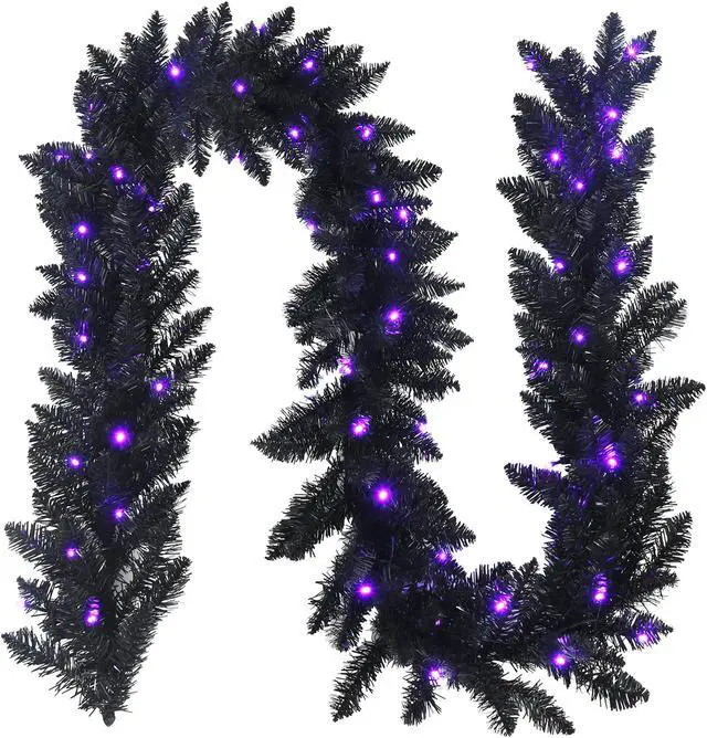 Main image of Costway 9ft Pre-lit Christmas Halloween Garland Black w/ 50 Purple LED Lights