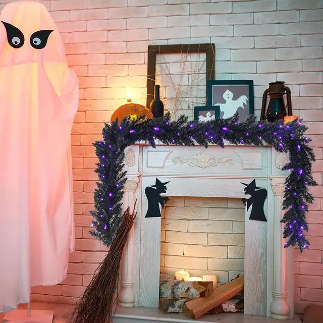 Alt view image 2 of 7 - Costway 9ft Pre-lit Christmas Halloween Garland Black w/ 50 Purple LED Lights