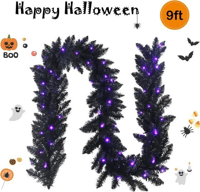 Alt view image 4 of 7 - Costway 9ft Pre-lit Christmas Halloween Garland Black w/ 50 Purple LED Lights