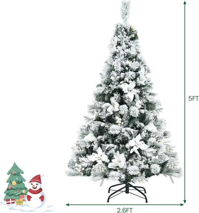 Alt view image 4 of 7 - Costway 5ft Snow Flocked Hinged Christmas Tree w/Berries & Poinsettia Flowers
