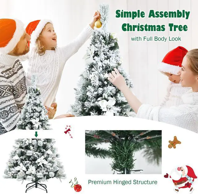 Alt view image 7 of 7 - Costway 5ft Snow Flocked Hinged Christmas Tree w/Berries & Poinsettia Flowers