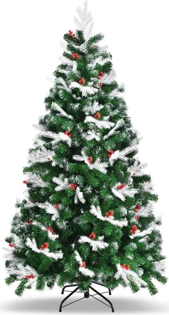 Main image of Costway 6ft Unlit Snowy Hinged Christmas Tree w/ 818 Mixed Tips & Red Berries