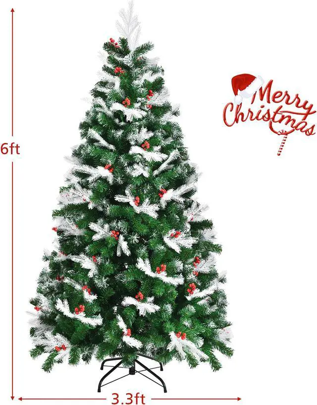 Alt view image 4 of 7 - Costway 6ft Unlit Snowy Hinged Christmas Tree w/ 818 Mixed Tips & Red Berries