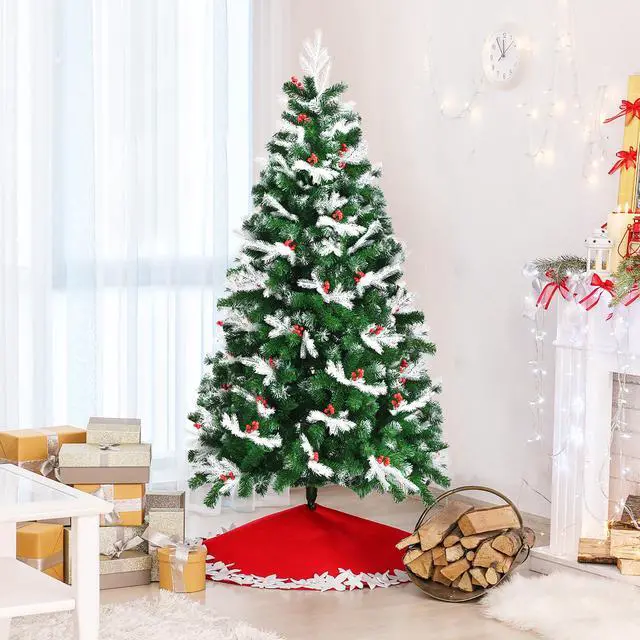 Alt view image 3 of 7 - Costway 6ft Unlit Snowy Hinged Christmas Tree w/ 818 Mixed Tips & Red Berries