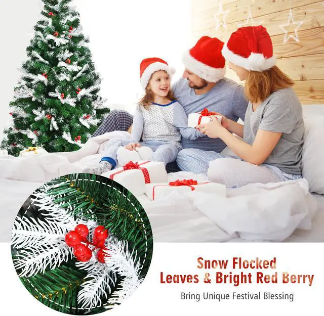 Alt view image 7 of 7 - Costway 6ft Unlit Snowy Hinged Christmas Tree w/ 818 Mixed Tips & Red Berries