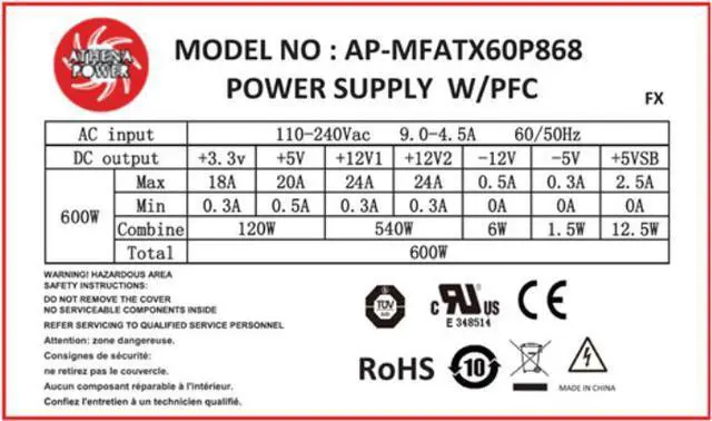 Alt view image 4 of 4 - Athena Power AP-MFATX60P868 FLEX ATX 600W Server Power Supply UL/TUV 62368-1 Safety compliance certified OEM/ODM available