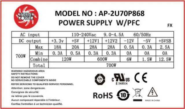 Alt view image 4 of 4 - Athena Power AP-2U70P868 700W 2U single power supply certified to UL/TUV 62368-1 Safety compliance OEM/ODM available