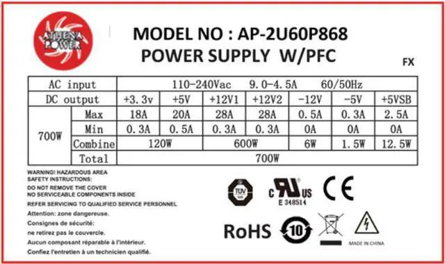 Alt view image 4 of 4 - Athena Power AP-2U60P868 600W 2U single power supply certified to UL/TUV 62368-1 Safety compliance OEM/ODM available