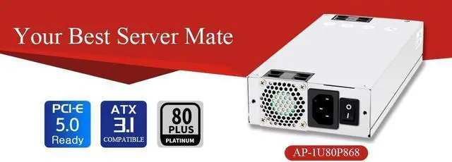 Main image of Athena Power 1U 800W PSU, AP-1U80P868, 200mm for small industrial rackmounts, UL 62368-1 compliant, 80+ PLATINUM, 12V-2X6 cable for ATX3.1, supports PCIe 5.0 GPU & Server.