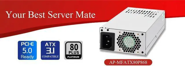 Main image of Athena Power Flex 800W PSU, AP-MFATX80P868, 150mm for Mini ITX/SFF 1U rackmounts, UL 62368-1 compliant, 80+ PLATINUM, 12V-2X6 cable for ATX3.1, supports PCIe 5.0 GPU & Server.