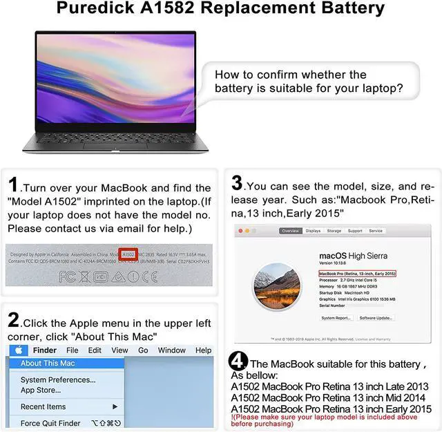 Alt view image 6 of 7 - A1582 A1502 Battery for MacBook Pro Battery 13 inch Retina Early 2015 Mid 2014 Late 2013, Fit for MacBooPro 11,1 12,1 MacBook Pro A1502 Battery A1493 A1582 Battery [Li-Polymer 11.3V 74.9Wh]