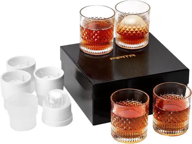 Main image of PIPITA Old Fashioned Whiskey Glasses and Ice Ball Mold Gift Set with Luxury Box - 4pcs 11 Oz Rocks Barware and 4pcs Ice Ball Mold For Scotch, Bourbon, Liquor and Cocktail Drinks - Set of 4