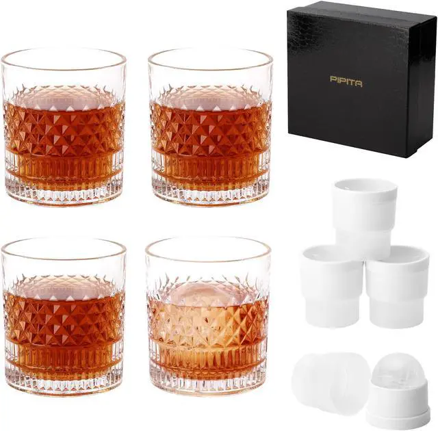Alt view image 2 of 7 - PIPITA Old Fashioned Whiskey Glasses and Ice Ball Mold Gift Set with Luxury Box - 4pcs 11 Oz Rocks Barware and 4pcs Ice Ball Mold For Scotch, Bourbon, Liquor and Cocktail Drinks - Set of 4