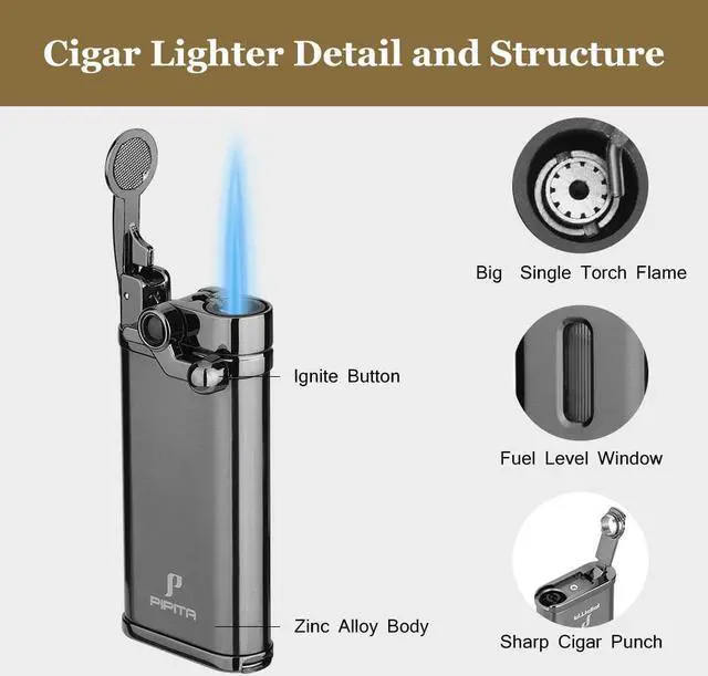 Alt view image 2 of 7 - PIPITA Torch Lighter 2 Pack Windproof Single Torch Jet Flame Metal Lighters Refillable Butane Gas Lighter with Punch (Butane NOT Include) Black