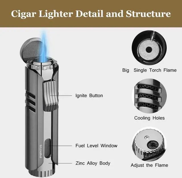 Alt view image 2 of 7 - PIPITA Torch Lighter Windproof Cigar Butane Gas Lighter Jet Single Flame Cigarette Lighter, Adjustable Flame and Refillbale Fuel Metal Lighter (Butane Not Included)