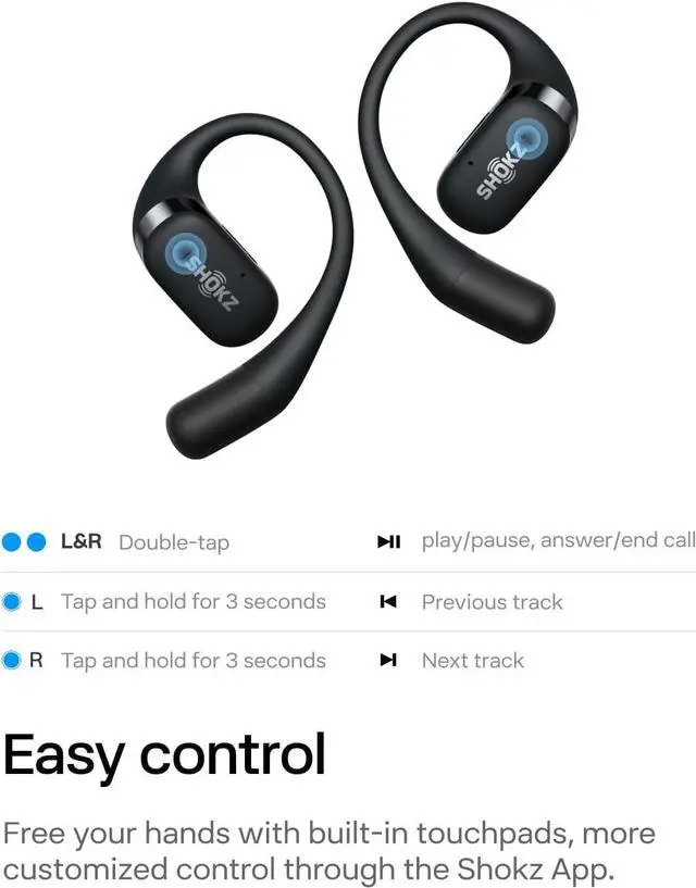 Alt view image 3 of 7 - SHOKZ OpenFit - Open-Ear True Wireless Bluetooth Headphones with Microphone, Earbuds with Earhooks, Sweat Resistant, Fast Charging, 28HRS Playtime, Compatible with iPhone & Android, Black(Renewed)