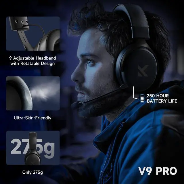 Alt view image 7 of 7 - MCHOSE V9 PRO Wireless Gaming Headset 7.1 Surround Sound for PS5 PS4 PC SWITCH TOPSPEED Gaming Headphones, Noise Canceling Mic, 250Hr Battery,Low 15ms Latency, Lightweight, BT 5.3 FPS Games,WHITE&BLUE
