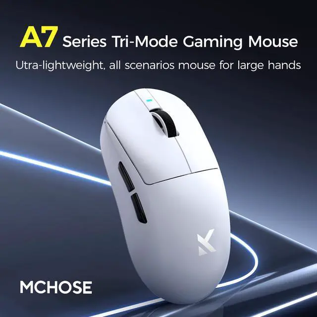 Alt view image 2 of 6 - MCHOSE A7 Pro Wireless Gaming Mouse, Tri-Mode Connection, 59 Grams, PAW3395 26K DPI Sensor, Wired 8K/Wireless 1K Polling, 130 Hour Battery Life - White