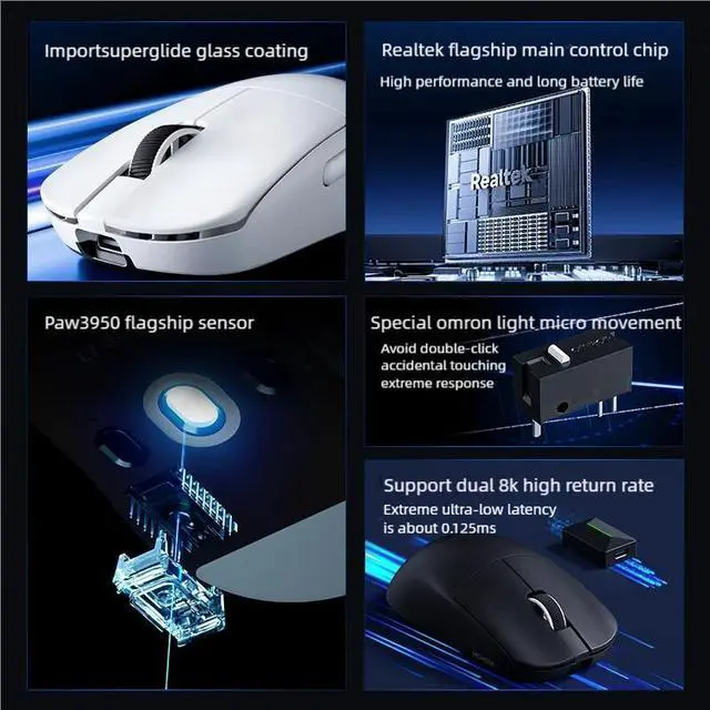 Alt view image 3 of 7 - MCHOSE L7 Ultra+ Wireless Gaming Mouse, PAW3950 42K Sensor, Wireless/Wired Dual 8K Polling, 48g Ultra-Light Weight, 2.4GHz RF/BT/Wired Tri-Mode Connection (Black)