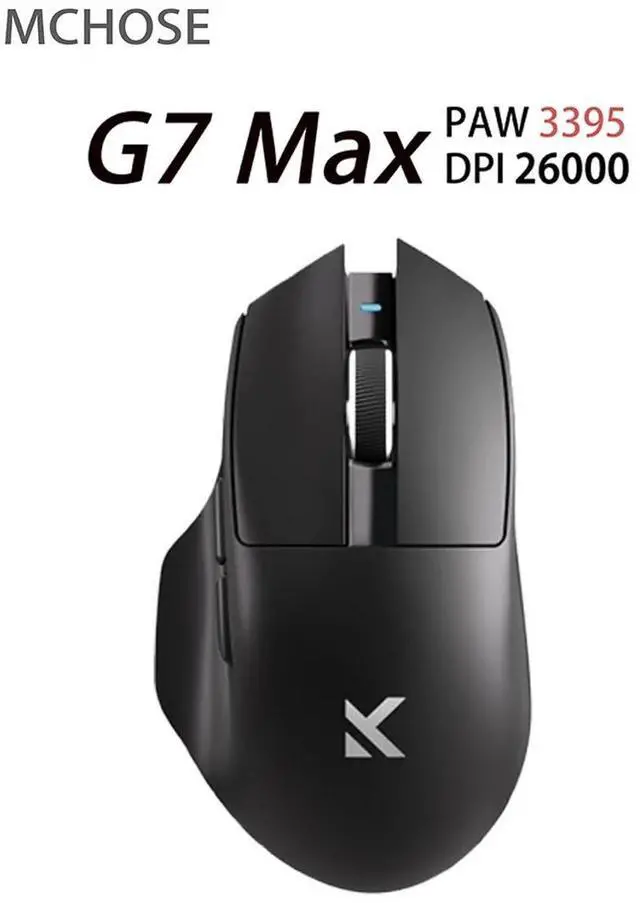 Main image of MCHOSE G7 MAX Lightweight Ergonomic Wireless Mouse, PAW3395 26K DPI Sensor, Tri-Mode Connection, Supports wireless 8K (requires separate purchase of 8K receiver), 59g Weight, 800mAh Battery (Black)
