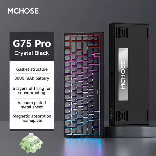 Main image of MCHOSE G75 Pro Wireless Mechanical Keyboard, 75% Layout, Gasket Mounted, 5 Layers Dampening,RGB Backlit, 2.4GHz/BT/Wired Tri-Mode, Hot Swappable (Crystal Black, Matcha Latte Switch)