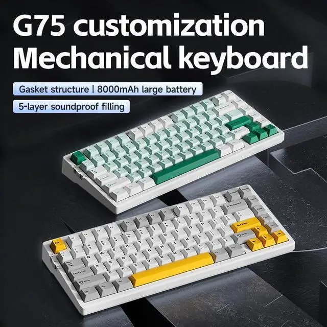 Alt view image 2 of 6 - MCHOSE G75 Pro Wireless Mechanical Keyboard, 75% Layout, Gasket Mounted, 5 Layers Dampening,RGB Backlit, 2.4GHz/BT/Wired Tri-Mode, Hot Swappable (Crystal Black, Matcha Latte Switch)