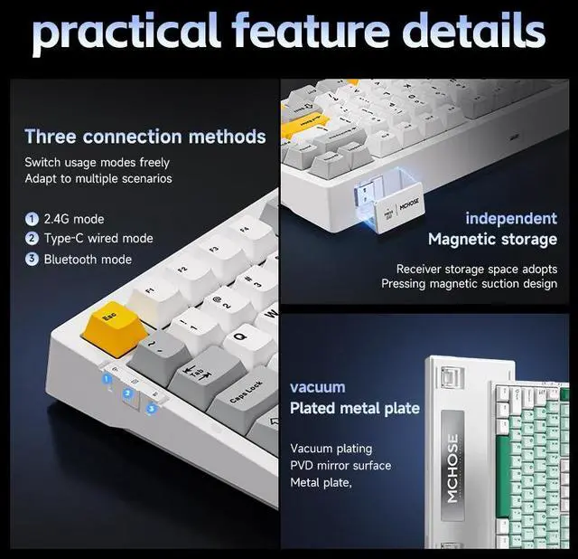 Alt view image 6 of 6 - MCHOSE G75 Pro Wireless Mechanical Keyboard, 75% Layout, Gasket Mounted, 5 Layers Dampening,RGB Backlit, 2.4GHz/BT/Wired Tri-Mode, Hot Swappable (Crystal Black, Matcha Latte Switch)