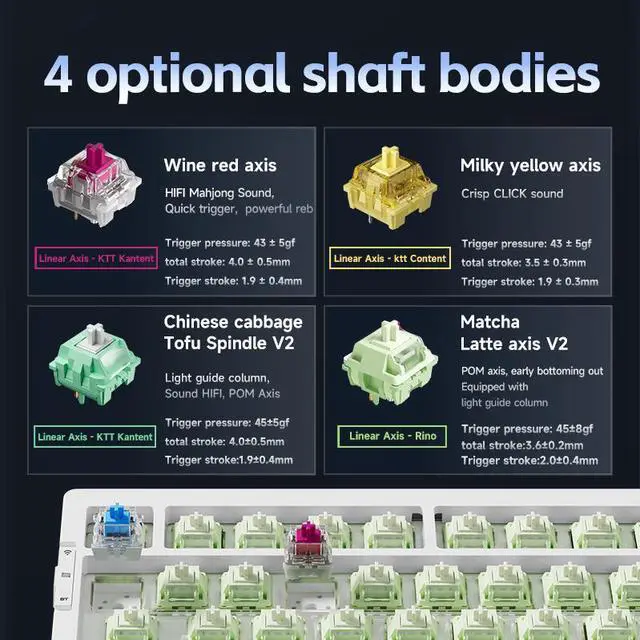Alt view image 5 of 6 - MCHOSE G75 Pro Wireless Mechanical Keyboard, 75% Layout, Gasket Mounted, 5 Layers Dampening,RGB Backlit, 2.4GHz/BT/Wired Tri-Mode, Hot Swappable (Crystal Black, Matcha Latte Switch)