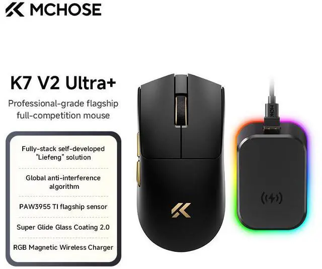 Main image of MCHOSE K7 V2 Ultra+ Wireless Mouse, computer mouse, flagship PAW3955 TI sensor, wired 8K/wireless 8K/Bluetooth, 50K DPI resolution (overclocked), with RGB magnetic charger