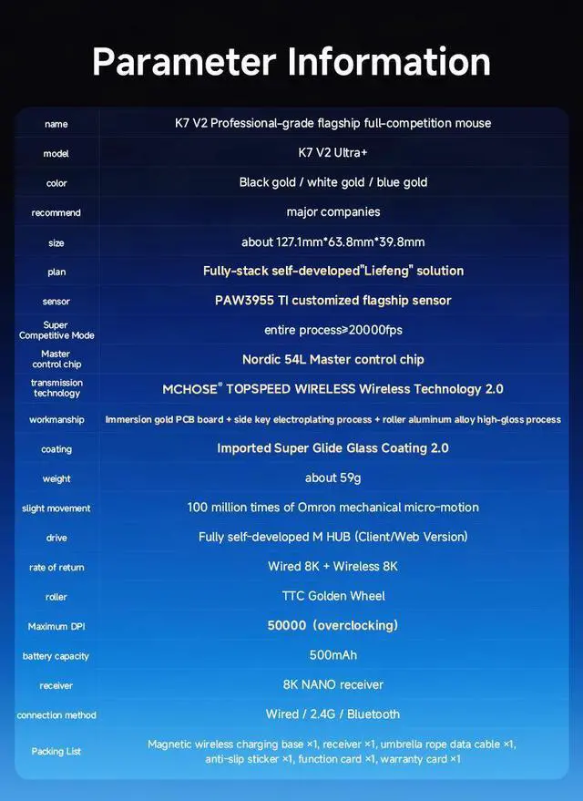 Alt view image 7 of 7 - MCHOSE K7 V2 Ultra+ Wireless Mouse, computer mouse, flagship PAW3955 TI sensor, wired 8K/wireless 8K/Bluetooth, 50K DPI resolution (overclocked), with RGB magnetic charger