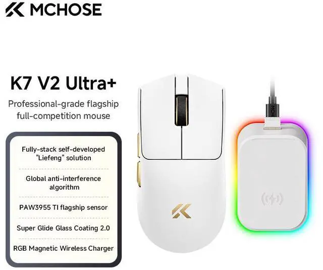 Main image of MCHOSE K7 V2 Ultra+ Wireless Mouse, computer mouse, flagship PAW3955 TI sensor, wired 8K/wireless 8K/Bluetooth, 50K DPI resolution (overclocked), with RGB magnetic charger