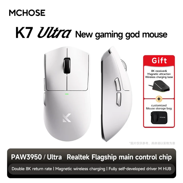 Main image of MCHOSE K7 Ultra Gaming Mouse Wireless, 59g Ultra-Lightweight, PAW3950 Sensor, 8000Hz Polling Rate, 42K DPI, 5 Programmable Buttons, 120 Hours of Playtime, Magnetic Wireless Charging Dock. White-silver