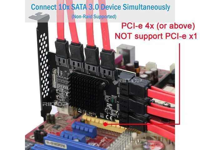 Alt view image 2 of 7 - PCIe x4 SATA Card, 10 Port SATA 6Gbps Controller Expansion Card with Low Profile Bracket, Support 10 SATA 3.0 Devices