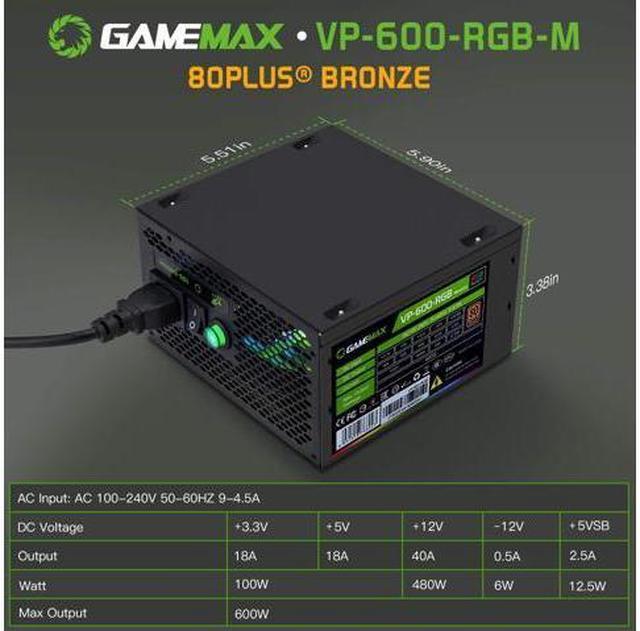 GAMEMAX VP-600-RGB-M Power Supply For PC Semi-Modular 80PLUS Bronze  Certified Gaming PSU Quiet Power Supply for Gamer ECO Mode