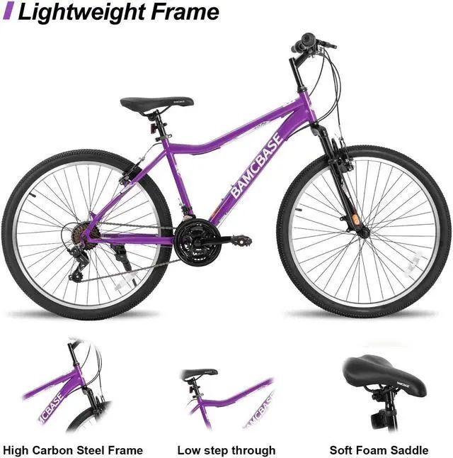 Alt view image 2 of 7 - Hiland 26 Inch Women's Mountain Bike, 21 Speed Steel Frame Adult Bicycle, Men and Women MTB with Suspension Fork, Purple Green White