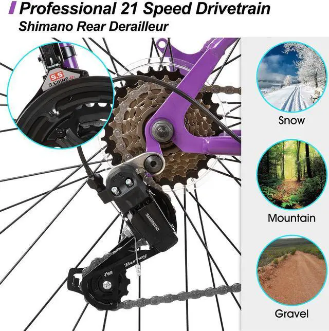 Alt view image 3 of 7 - Hiland 26 Inch Women's Mountain Bike, 21 Speed Steel Frame Adult Bicycle, Men and Women MTB with Suspension Fork, Purple Green White