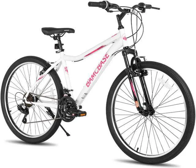 Main image of Hiland 26 Inch Women's Mountain Bike, 21 Speed Steel Frame Adult Bicycle, Men and Women MTB with Suspension Fork, Purple Green White