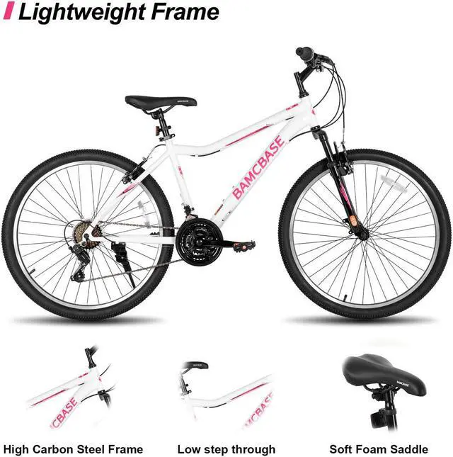 Alt view image 2 of 6 - Hiland 26 Inch Women's Mountain Bike, 21 Speed Steel Frame Adult Bicycle, Men and Women MTB with Suspension Fork, Purple Green White