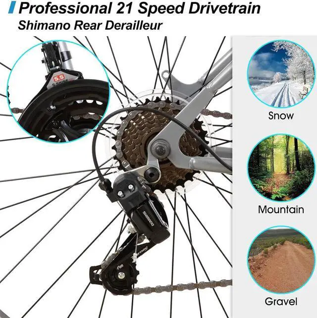 Alt view image 4 of 7 - Hiland 26 27.5 Inch Mountain Bike, Men's Women's MTB with 21 Speeds, High-Tensile Steel Frame, V Brake, Hardtail Bicycle for Adults 27 in. Grey