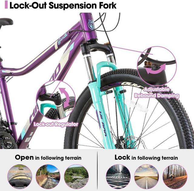Alt view image 3 of 6 - Hiland 26 Inch Mountain Bike for Women, 21 Speed with Lock-Out Suspension Fork, Dual Disc Brakes, Aluminum Frame MTB, Purple Ladies Womens Bike Mens Bicycle