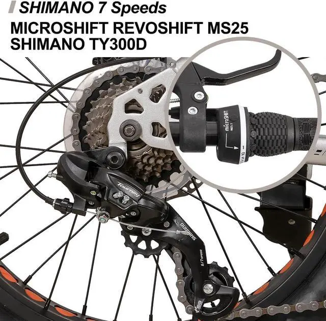 Alt view image 3 of 7 - Hiland Kids Fat Tire Mountain Bike, 20 inch, Shimano 7-Speed, Dual-Disc Brakes, Boys Girls Trail Bicycle for Beach and Snow, Silver