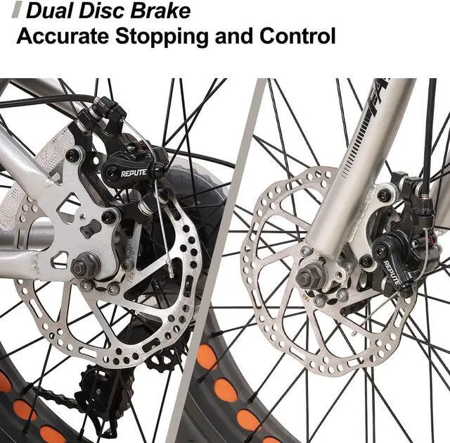 Alt view image 4 of 7 - Hiland Kids Fat Tire Mountain Bike, 20 inch, Shimano 7-Speed, Dual-Disc Brakes, Boys Girls Trail Bicycle for Beach and Snow, Silver