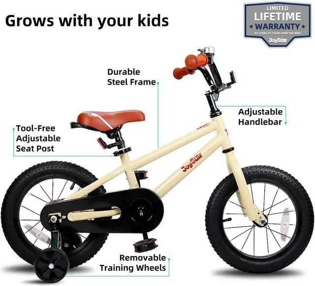 Alt view image 2 of 7 - JOYSTAR Totem Kids Bike for 2-9 Years Old Boys Girls, BMX Style Kid Bicycles 12 14 16 18 Inch with Training Wheels, 18 Inch Children Bikes with Kickstand and Handbrake 14" Beige