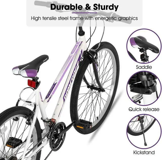 Alt view image 2 of 6 - Hiland 26 27.5 Inch Mountain Bike, High-Tensile Steel Frame, 21 Speeds, V Brake, Hardtail Bicycle for Men and Women, Ideal MTB for Adults 26 in. Purplish White
