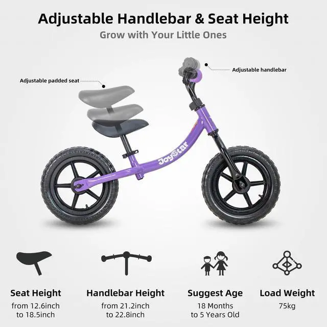 Alt view image 14 of 15 - Joystar Marcher No Pedal 12" Age 1.5 to 5 Toddler Training Balance Bike, Purple