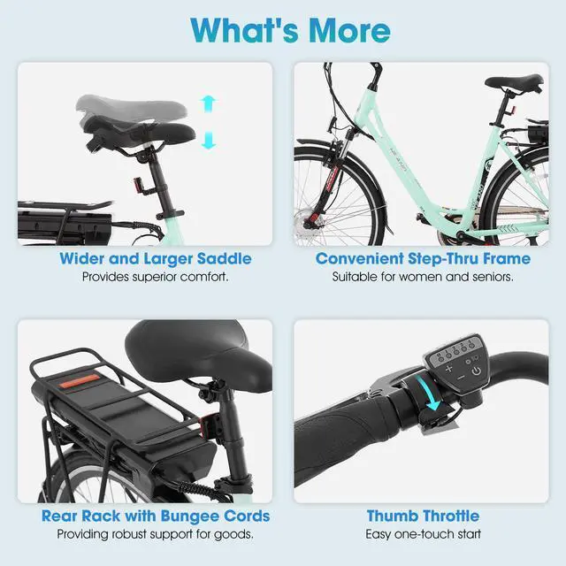 Alt view image 6 of 7 - HILAND Electric Bike for Adults, Women's and Men's 700C EBike 250W, 36V 7.8Ah Removable Battery, 20 MPH Electric Bicycle Commuter Cruiser, 7-Speed, Step Through Green